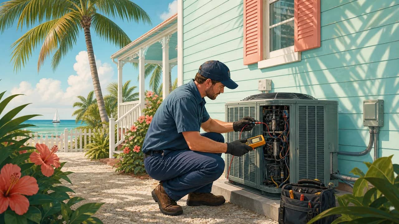 Air conditioning service setup outside a Key West home with palm shade and coastal humidity cues.