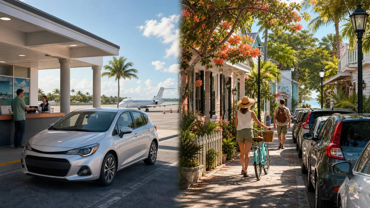 Compact rental car pickup scene in Key West with luggage, palms, and island road context.