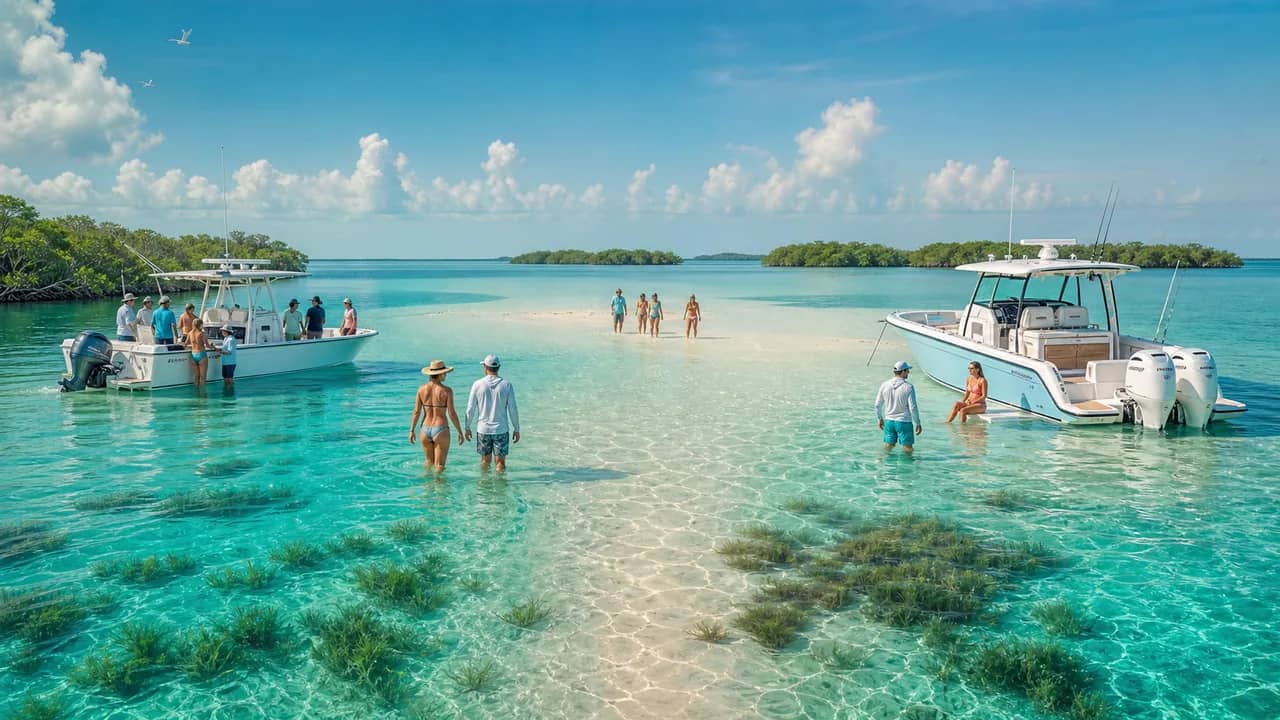 Shallow Key West sandbar water with a small tour boat, coolers, and clear Gulf light.