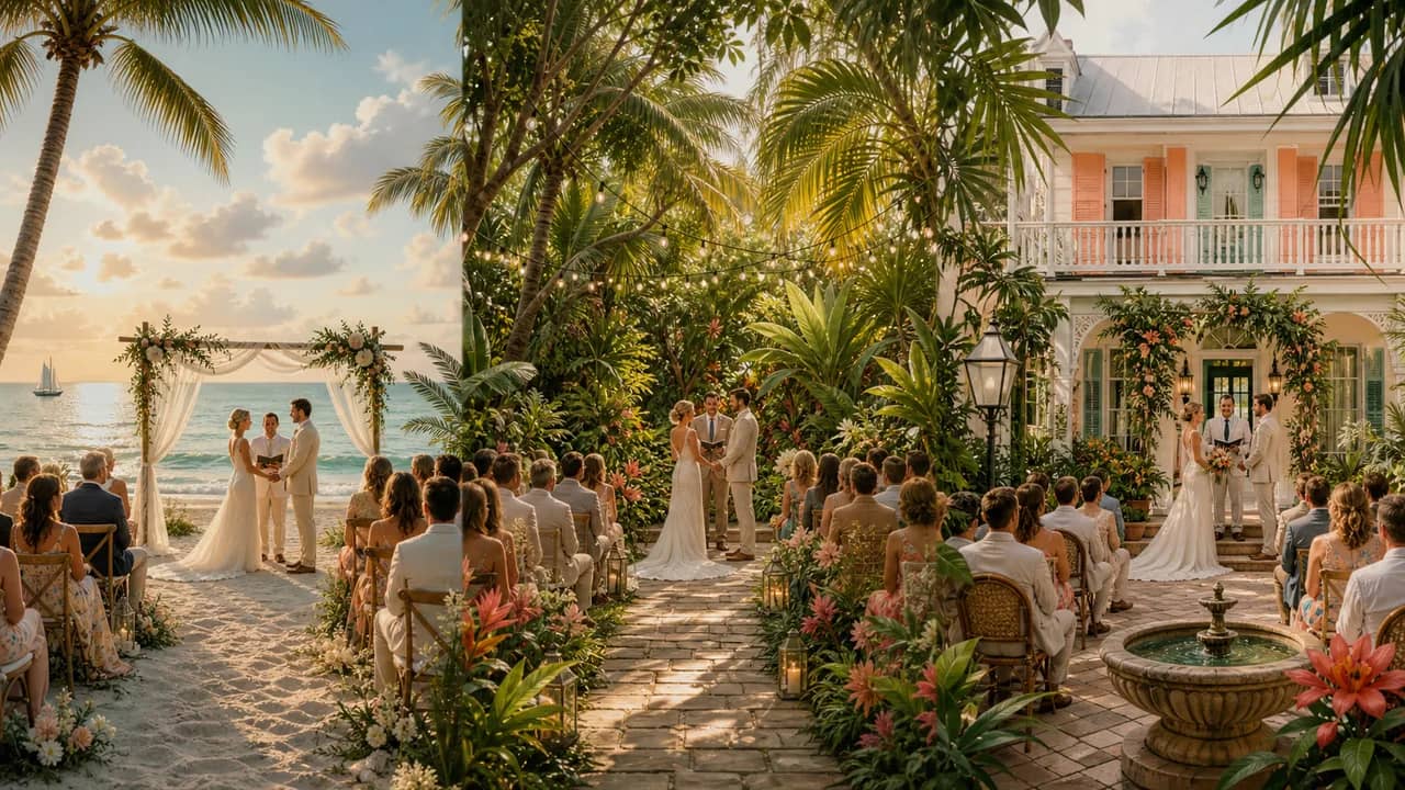 Outdoor Key West wedding venue courtyard with tropical landscaping and coastal reception details.
